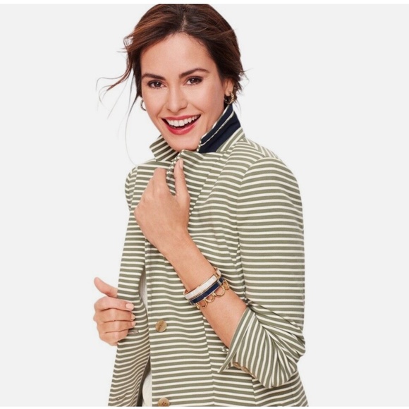 Talbots Aberdeen Knit Blazer Green and White Stripes 3/4 Sleeves, Size 4 - Picture 2 of 10